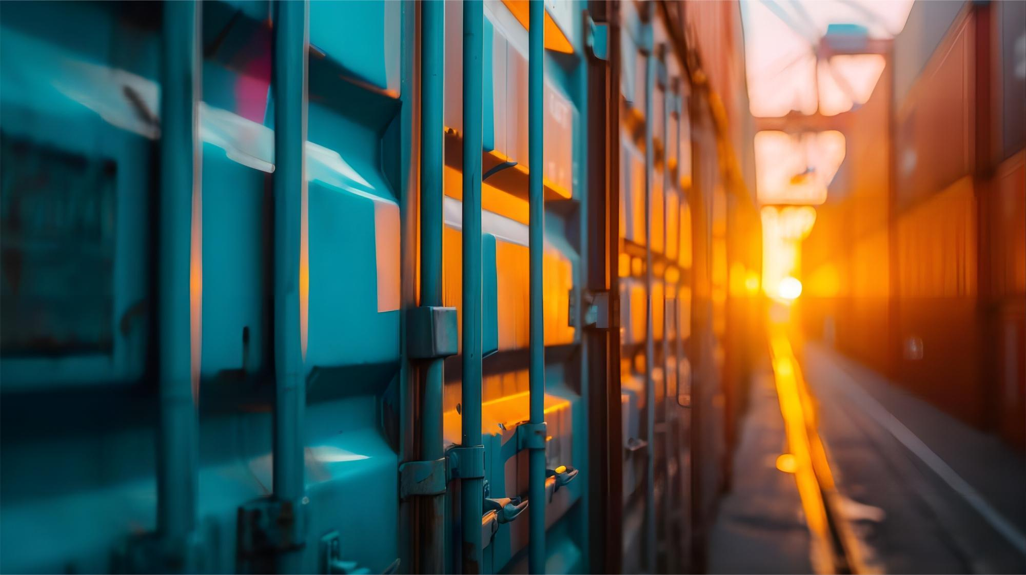 Container truck picking up cargo at a busy US port terminal